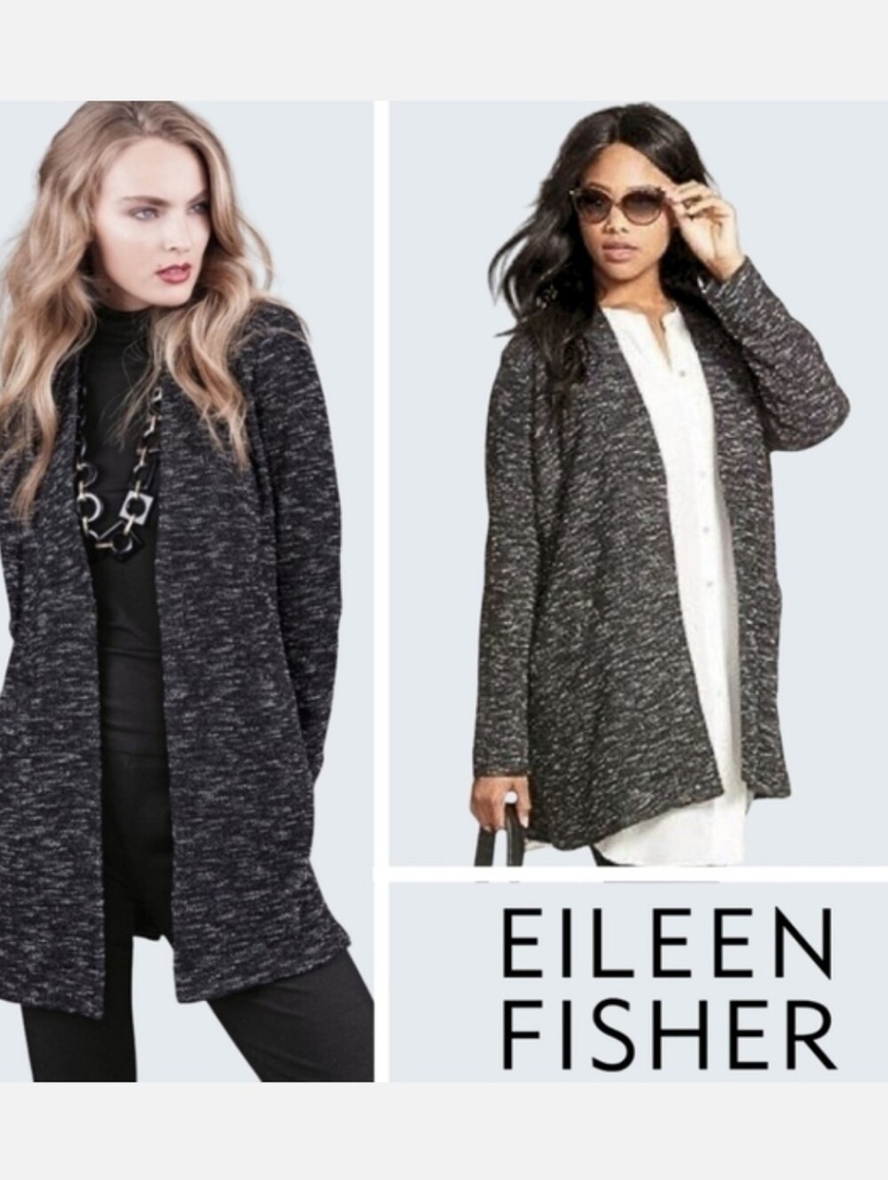 Eileen Fisher Micro Tweed Knit Open Front Jacket Italian Fabric Long Sleeve Sz S
